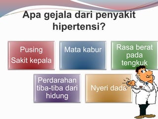 Apa gejala dari penyakit
hipertensi?
Pusing
Sakit kepala
Mata kabur Rasa berat
pada
tengkuk
Perdarahan
tiba-tiba dari
hidung
Nyeri dada
 