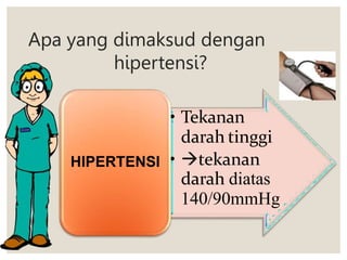 Apa yang dimaksud dengan
hipertensi?
• Tekanan
darah tinggi
• tekanan
darah diatas
140/90mmHg
HIPERTENSI
 