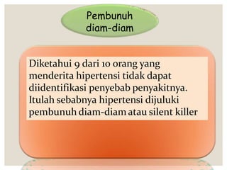 Pembunuh
diam-diam
Diketahui 9 dari 10 orang yang
menderita hipertensi tidak dapat
diidentifikasi penyebab penyakitnya.
Itulah sebabnya hipertensi dijuluki
pembunuh diam-diam atau silent killer
 