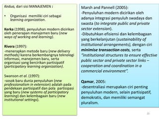 Kedua, dari sisi MANAJEMEN :
• Organisasi memiliki ciri sebagai
learning organization.
Kerka (1998), penyuluhan modern dicirikan
oleh penerapan manajemen baru (new
ways of working and learning).
Rivera (1997):
-menerapkan metode baru (new delivery
methods) karena berkembangnya teknologi
informasi, manejemen baru, serta
organisasi yang bercirikan partisipatif
(participatory learning organization).
Swanson et al. (1997):
-sosok baru dunia penyuluhan (new
professionalism in extension) adalah pada
pendekaan partisipatif dan pola partisipasi
yang baru (new systems of participatory
learning) dan kelembagaan baru (new
institutional settings).
Marsh and Pannell (2005):
-Penyuluhan modern dicirikan oleh
adanya integrasi penyuluh swadaya dan
swasta (to integrate public and private
sector extension).
-Dibutuhkan efisiensi dan kelembagaan
yang berkelanjutan (sustainability of
institutional arrangements), dengan ciri
minimise transaction costs, serta
“institutional structures to ensure effective
public sector and private sector links –
cooperation and coordination in a
commercial environment”.
Qamar, 2005:
-desentraliasi merupakan ciri penting
penyuluhan modern, selain partisipatif,
demokratis, dan memiliki semangat
pluralism.
20
 