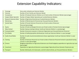 Extension Capability Indicators:
1. Coverage Area under cultivation per Extension Worker
2. Intensity Number of Farm Families per Extension Worker
3. Competence Number of Graduate Extension Workers out of total number of Extension Workers (percentage)
4. Subject-Matter Specialist Number of Subject-Matter Specialists per hundred Extension Workers
5. Research-Extension Ratio Number of Agricultural Scientists per hundred Extension Workers
6. Monitoring Number of Monitoring Unit Personnel per thousand Extension Workers
7. Gender Ratio Number of Female Extension Personnel out of total number of Extension
Personnel (percentage)
8. Equity Number of Small and Marginal Farmers out of total number of Contact Farmers (percentage)
9. Mass Contact Number of group meetings held per month per Extension Worker in a year(average)
10. Computerization Number of personal computers in Extension Organization per thousand Extension Personnel
11. Print Media Number of leaflets/pamphlets distributed per month per Extension Worker in a year (average)
12. Audio-Visual Media Number of audio-visual (cinema/television) shows organized per month per Extension Worker in a year
(average)
13. Training Number of Extension Personnel out of total number of Extension Personnel trained in specialized training
courses in a year (percentage)
14. Finance Budgetary expenditure on Agricultural Extension out of total budgetary expenditure on agriculture per year
(percentage)
15. Investment Expenditure on Agricultural Extension as percentage of Agricultural Gross Domestic Product per year
16. Transport Number of(i) bicycles, (h) motorcycles, and (iii) 4-wheel vehicles, per thousand Extension Workers
27
 