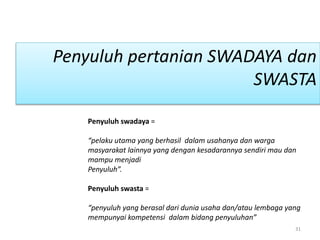31
Penyuluh pertanian SWADAYA dan
SWASTA
Penyuluh swadaya =
“pelaku utama yang berhasil dalam usahanya dan warga
masyarakat lainnya yang dengan kesadarannya sendiri mau dan
mampu menjadi
Penyuluh”.
Penyuluh swasta =
“penyuluh yang berasal dari dunia usaha dan/atau lembaga yang
mempunyai kompetensi dalam bidang penyuluhan”
 
