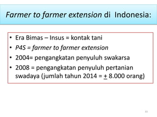 Farmer to farmer extension di Indonesia:
• Era Bimas – Insus = kontak tani
• P4S = farmer to farmer extension
• 2004= pengangkatan penyuluh swakarsa
• 2008 = pengangkatan penyuluh pertanian
swadaya (jumlah tahun 2014 = + 8.000 orang)
33
 