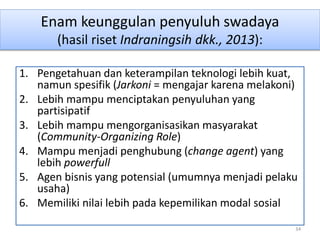 Enam keunggulan penyuluh swadaya
(hasil riset Indraningsih dkk., 2013):
1. Pengetahuan dan keterampilan teknologi lebih kuat,
namun spesifik (Jarkoni = mengajar karena melakoni)
2. Lebih mampu menciptakan penyuluhan yang
partisipatif
3. Lebih mampu mengorganisasikan masyarakat
(Community-Organizing Role)
4. Mampu menjadi penghubung (change agent) yang
lebih powerfull
5. Agen bisnis yang potensial (umumnya menjadi pelaku
usaha)
6. Memiliki nilai lebih pada kepemilikan modal sosial
34
 