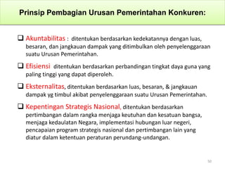 Prinsip Pembagian Urusan Pemerintahan Konkuren:
 Akuntabilitas : ditentukan berdasarkan kedekatannya dengan luas,
besaran, dan jangkauan dampak yang ditimbulkan oleh penyelenggaraan
suatu Urusan Pemerintahan.
 Efisiensi ditentukan berdasarkan perbandingan tingkat daya guna yang
paling tinggi yang dapat diperoleh.
 Eksternalitas, ditentukan berdasarkan luas, besaran, & jangkauan
dampak yg timbul akibat penyelenggaraan suatu Urusan Pemerintahan.
 Kepentingan Strategis Nasional, ditentukan berdasarkan
pertimbangan dalam rangka menjaga keutuhan dan kesatuan bangsa,
menjaga kedaulatan Negara, implementasi hubungan luar negeri,
pencapaian program strategis nasional dan pertimbangan lain yang
diatur dalam ketentuan peraturan perundang-undangan.
50
 