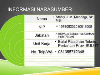 INFORMASI NARASUMBER
Nama
NIP
Jabatan
Unit Kerja
No. Telp/WA
• Stenly J. M. Mandagi, SP,
MSi
• 197809302010011005
• KEPALA SEKSI PELATIHAN
PERTANIAN
• Balai Pelatihan Teknis
Pertanian Prov. SULUT
• 081355712348
 