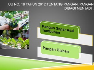 UU NO. 18 TAHUN 2012 TENTANG PANGAN, PANGAN
DIBAGI MENJADI :
 