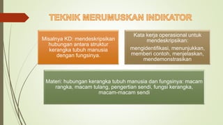 Misalnya KD: mendeskripsikan
hubungan antara struktur
kerangka tubuh manusia
dengan fungsinya.
Kata kerja operasional untuk
mendeskripsikan:
mengidentifikasi, menunjukkan,
memberi contoh, menjelaskan,
mendemonstrasikan
Materi: hubungan kerangka tubuh manusia dan fungsinya: macam
rangka, macam tulang, pengertian sendi, fungsi kerangka,
macam-macam sendi
 