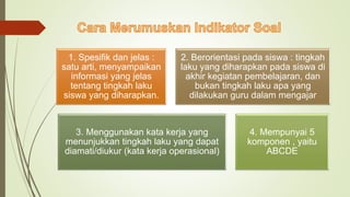 1. Spesifik dan jelas :
satu arti, menyampaikan
informasi yang jelas
tentang tingkah laku
siswa yang diharapkan.
2. Berorientasi pada siswa : tingkah
laku yang diharapkan pada siswa di
akhir kegiatan pembelajaran, dan
bukan tingkah laku apa yang
dilakukan guru dalam mengajar
3. Menggunakan kata kerja yang
menunjukkan tingkah laku yang dapat
diamati/diukur (kata kerja operasional)
4. Mempunyai 5
komponen , yaitu
ABCDE
 