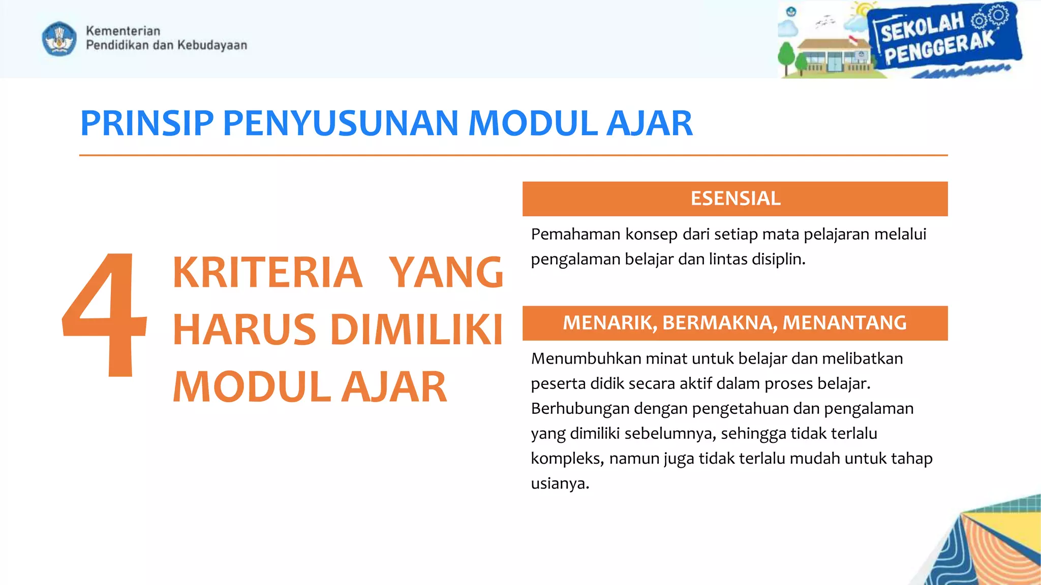 PRINSIP PENYUSUNAN MODUL AJAR
4KRITERIA YANG
HARUS DIMILIKI
MODUL AJAR
ESENSIAL
Pemahaman konsep dari setiap mata pelajaran melalui
pengalaman belajar dan lintas disiplin.
MENARIK, BERMAKNA, MENANTANG
Menumbuhkan minat untuk belajar dan melibatkan
peserta didik secara aktif dalam proses belajar.
Berhubungan dengan pengetahuan dan pengalaman
yang dimiliki sebelumnya, sehingga tidak terlalu
kompleks, namun juga tidak terlalu mudah untuk tahap
usianya.
 