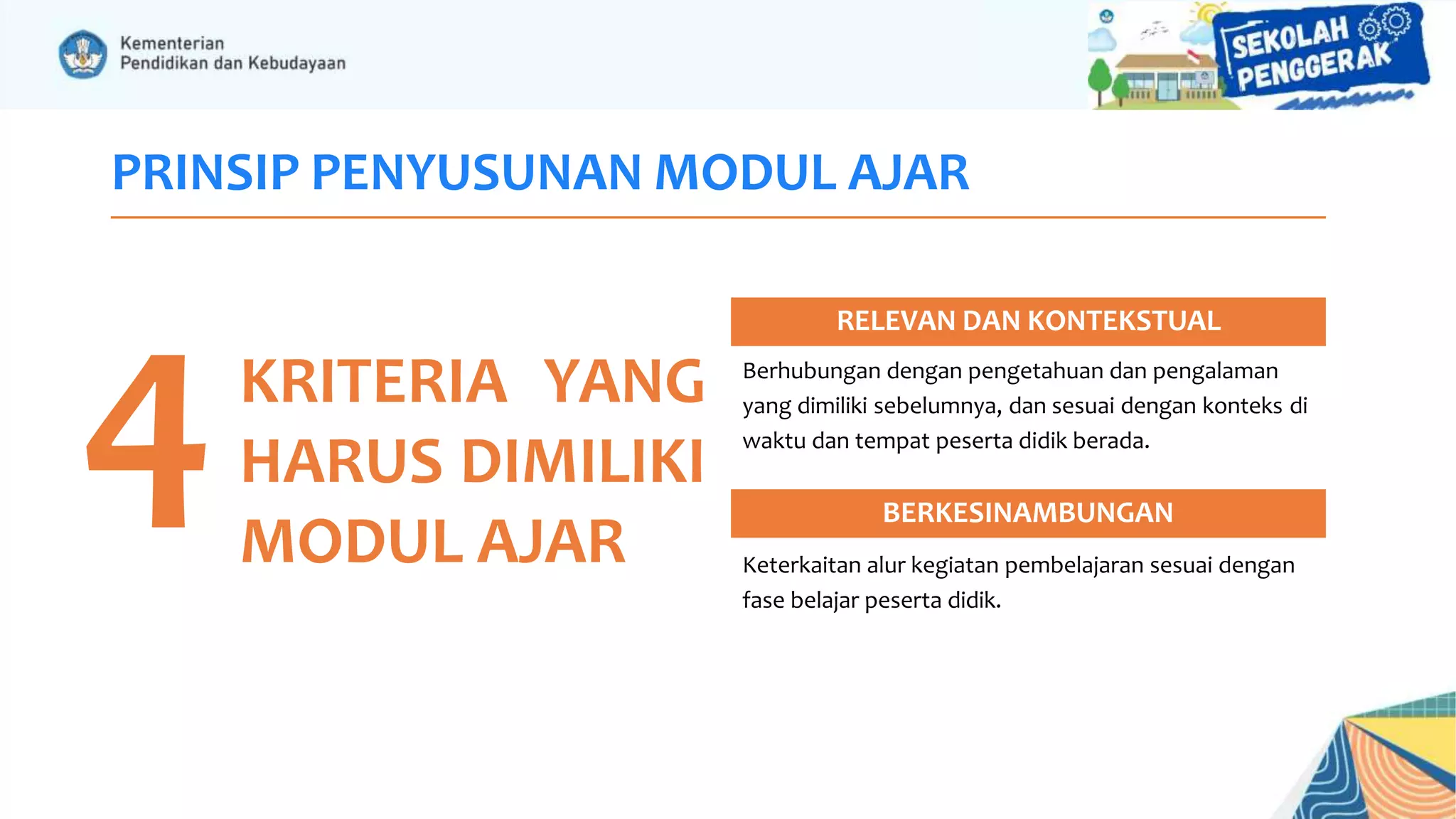 PRINSIP PENYUSUNAN MODUL AJAR
4KRITERIA YANG
HARUS DIMILIKI
MODUL AJAR
RELEVAN DAN KONTEKSTUAL
Berhubungan dengan pengetahuan dan pengalaman
yang dimiliki sebelumnya, dan sesuai dengan konteks di
waktu dan tempat peserta didik berada.
BERKESINAMBUNGAN
Keterkaitan alur kegiatan pembelajaran sesuai dengan
fase belajar peserta didik.
 