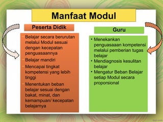 Manfaat Modul
Peserta Didik Guru
– Belajar secara berurutan
melalui Modul sesuai
dengan kecepatan
penguasaannya
– Belajar mandiri
– Mencapai tingkat
kompetensi yang lebih
tinggi
– Menentukan beban
belajar sesuai dengan
bakat, minat, dan
kemampuan/ kecepatan
belajarnya
• Menekankan
penguasaaan kompetensi
melalui pemberian tugas
belajar
• Mendiagnosis kesulitan
belajar
• Mengatur Beban Belajar
setiap Modul secara
proporsional
 