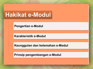 Hakikat e-Modul
Pengertian e-Modul
Karakteristik e-Modul
Keunggulan dan kelemahan e-Modul
Prinsip pengembangan e-Modul
 