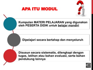 APA ITU MODUL
Kumpulan MATERI PELAJARAN yang digunakan
oleh PESERTA DIDIK untuk belajar mandiri
Dipelajari secara bertahap dan menyeluruh
Disusun secara sistematis, dilengkapi dengan
tugas, latihan atau bahan evaluasi, serta bahan
pendukung lainnya
 