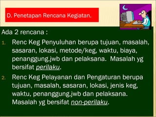 D. Penetapan Rencana Kegiatan.

Ada 2 rencana :
1. Renc Keg Penyuluhan berupa tujuan, masalah,
   sasaran, lokasi, metode/keg, waktu, biaya,
   penanggung.jwb dan pelaksana. Masalah yg
   bersifat perilaku.
2. Renc Keg Pelayanan dan Pengaturan berupa
   tujuan, masalah, sasaran, lokasi, jenis keg,
   waktu, penanggung.jwb dan pelaksana.
   Masalah yg bersifat non-perilaku.
 