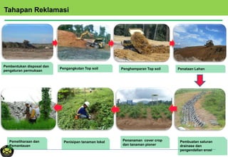 Pengangkutan Top soil
Pembentukan disposal dan
pengaturan permukaan
Pembuatan saluran
drainase dan
pengendalian erosi
Penanaman cover crop
dan tanaman pioner
Pemeliharaan dan
Pemantauan
Tahapan Reklamasi
Penghamparan Top soil Penataan Lahan
Penisipan tanaman lokal
 