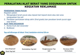 PERALATAN/ALAT BERAT YANG DIGUNAKAN UNTUK
KEGIATAN REKLAMASI
PENEBARAN TANAH PUCUK
Kegiatan pokok:
1. Mengangkut tanah pucuk atau topsoil dari topsoil stock atau dari area
pengupasan top soil
2. Penataan permukaan tahap akhir (final grade) dan penataan tanah pucuk agar
siap tanam.
ALAT YANG DIGUNAKAN
1. Dump truck dan excavator
2. Bulldozer
Top soil dihampar di lokasi final, ketebalan minimal 30 cm
Pemindahan Top Soil Penghamparan Top
Soil
Penataan Akhir
Permukaan
Area Disposal/
Stock Top Soil
 