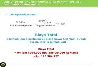 CONTOH PERHITUNGAN PRODUKTIVITAS DAN JAM OPERASI
PENGGUNAAN DUMP TRUCK
• Jam Operasi/per unit:
jam
jam
m
m
94
produksiTingkat
309
dipindahVol.Tanah
200.29
3
3

Biaya Total
=Jumlah jam diperlukan x (Biaya Sewa Alat/jam +Upah
Buruh/jam) x jumlah unit
Biaya Total
= 94 jam x204.000 Rp/jam+30.000 Rp/jam)
=Rp. 110.504.727
 