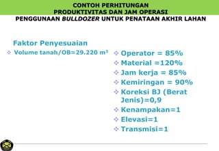 CONTOH PERHITUNGAN
PRODUKTIVITAS DAN JAM OPERASI
PENGGUNAAN BULLDOZER UNTUK PENATAAN AKHIR LAHAN
Faktor Penyesuaian
 Volume tanah/OB=29.220 m3
 Operator = 85%
 Material =120%
 Jam kerja = 85%
 Kemiringan = 90%
 Koreksi BJ (Berat
Jenis)=0,9
 Kenampakan=1
 Elevasi=1
 Transmisi=1
 