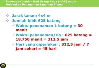 Penentuan Jumlah Hari Orang Kerja (HOK) untuk
Melakukan Penanaman Tanaman Pioner
 Jarak tanam 4x4 m
 Jumlah bibit 625 batang
 Waktu penanaman 1 batang = 30
menit
 Waktu penanaman/Ha : 625 batang =
18.750 menit = 312,5 jam
 Hari yang diperlukan : 312,5 jam / 7
jam sehari = 45 hari
 