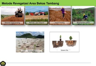 Metode Revegetasi Area Bekas Tambang
Hand seedingMetoda alat mekanis Penanaman pohonMetode hydroseeding
Sistem Pot Sistem Pot
 