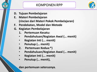 D. Tujuan Pembelajaran
E. Materi Pembelajaran
(rincian dari Materi Pokok Pembelajaran)
F. Pendekatan, Model dan Metode
G. Kegiatan Pembelajaran
1. Pertemuan Kesatu:
• Pendahuluan/Kegiatan Awal (… menit)
• Kegiatan Inti (... menit)
• Penutup (… menit)
2. Pertemuan Kedua:*)
• Pendahuluan/Kegiatan Awal (… menit)
• Kegiatan Inti (... menit)
• Penutup (… menit),
dan pertemuan seterusnya.
KOMPONEN RPP
 