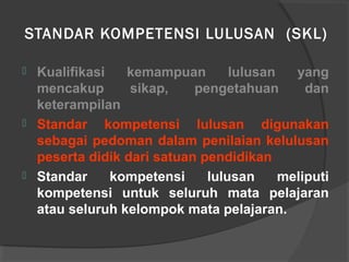 STANDAR KOMPETENSI LULUSAN (SKL)
 Kualifikasi kemampuan lulusan yang
mencakup sikap, pengetahuan dan
keterampilan
 Standar kompetensi lulusan digunakan
sebagai pedoman dalam penilaian kelulusan
peserta didik dari satuan pendidikan
 Standar kompetensi lulusan meliputi
kompetensi untuk seluruh mata pelajaran
atau seluruh kelompok mata pelajaran.
 