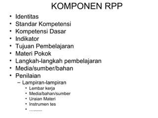 KOMPONEN RPP
• Identitas
• Standar Kompetensi
• Kompetensi Dasar
• Indikator
• Tujuan Pembelajaran
• Materi Pokok
• Langkah­langkah pembelajaran
• Media/sumber/bahan
• Penilaian
– Lampiran­lampiran
• Lembar kerja
• Media/bahan/sumber
• Uraian Materi
• Instrumen tes
• ….......
 