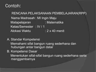 Contoh:
RENCANA PELAKSANAAN PEMBELAJARAN(RPP)
Nama Madrasah : MI Ingin Maju
Matapelajaran : Matematika
Kelas/Semester : IV / 1
Alokasi Waktu : 2 x 40 menit
A. Standar Kompetensi
Memahami sifat bangun ruang sederhana dan
hubungan antar bangun datar
B. Kompetensi Dasar
Menentukan sifat-sifat bangun ruang sederhana serta
menggambarnya
 