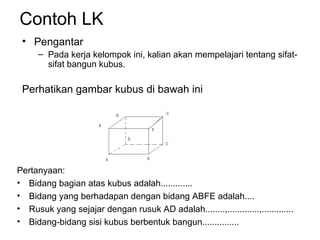 Contoh LK
• Pengantar
– Pada kerja kelompok ini, kalian akan mempelajari tentang sifat-
sifat bangun kubus.
Perhatikan gambar kubus di bawah ini
Pertanyaan:
• Bidang bagian atas kubus adalah.............
• Bidang yang berhadapan dengan bidang ABFE adalah....
• Rusuk yang sejajar dengan rusuk AD adalah........,.............,.............
• Bidang-bidang sisi kubus berbentuk bangun...............
 