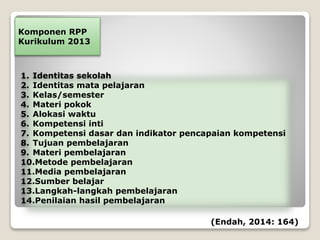 1. Identitas sekolah
2. Identitas mata pelajaran
3. Kelas/semester
4. Materi pokok
5. Alokasi waktu
6. Kompetensi inti
7. Kompetensi dasar dan indikator pencapaian kompetensi
8. Tujuan pembelajaran
9. Materi pembelajaran
10.Metode pembelajaran
11.Media pembelajaran
12.Sumber belajar
13.Langkah-langkah pembelajaran
14.Penilaian hasil pembelajaran
Komponen RPP
Kurikulum 2013
(Endah, 2014: 164)
 