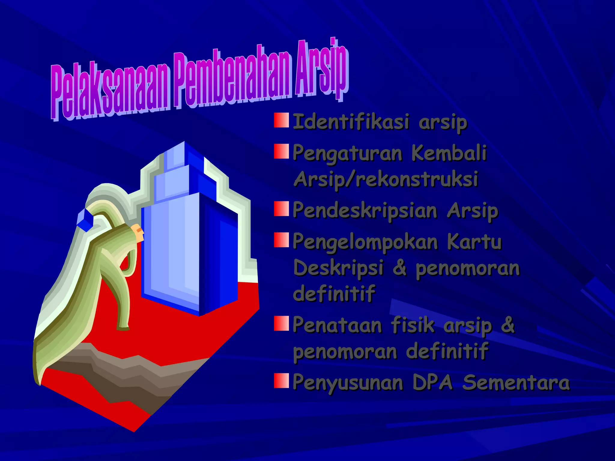 Identifikasi arsip
Pengaturan Kembali
Arsip/rekonstruksi
Pendeskripsian Arsip
Pengelompokan Kartu
Deskripsi & penomoran
definitif
Penataan fisik arsip &
penomoran definitif
Penyusunan DPA Sementara

 