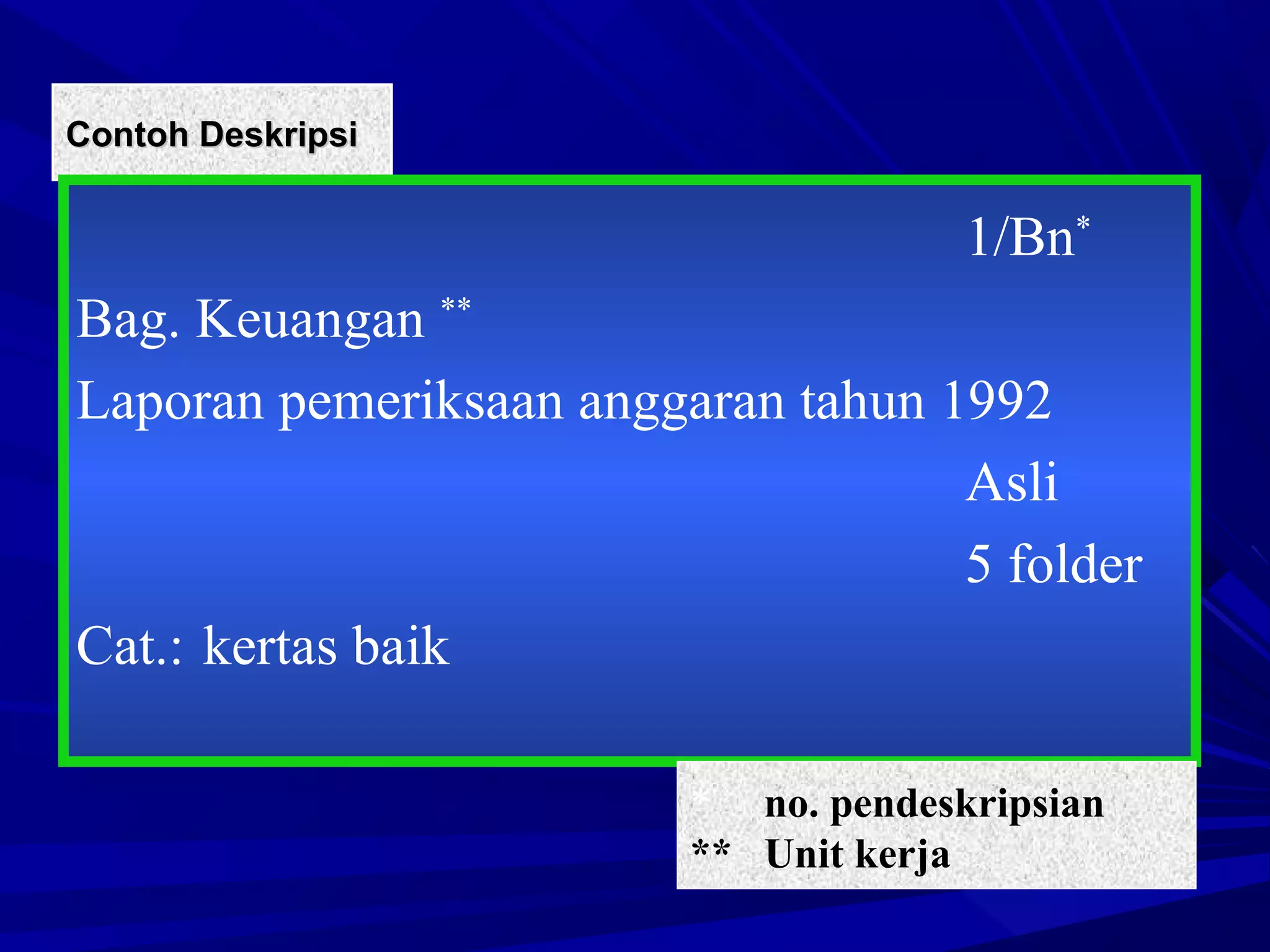 Contoh Deskripsi

1/Bn*
Bag. Keuangan **
Laporan pemeriksaan anggaran tahun 1992
Asli
5 folder
Cat.: kertas baik
* no. pendeskripsian
** Unit kerja

 