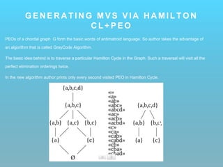 G E N E R A T I N G M V S V I A H A M I L T O N
C L + P E O
PEOs of a chordal graph G form the basic words of antimatroid language. So author takes the advantage of
an algorithm that is called GrayCode Algorithm.
The basic idea behind is to traverse a particular Hamilton Cycle in the Graph. Such a traversal will visit all the
perfect elimination orderings twice.
In the new algorithm author prints only every second visited PEO in Hamilton Cycle.
 