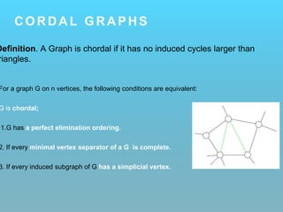 C O R D A L G R A P H S
Definition. A Graph is chordal if it has no induced cycles larger than
riangles.
For a graph G on n vertices, the following conditions are equivalent:
G is chordal;
1.G has a perfect elimination ordering.
2. If every minimal vertex separator of a G is complete.
3. If every induced subgraph of G has a simplicial vertex.
 