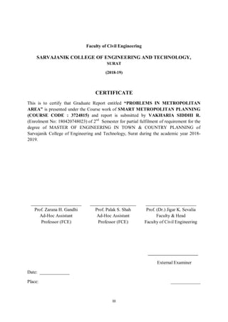 III
Faculty of Civil Engineering
SARVAJANIK COLLEGE OF ENGINEERING AND TECHNOLOGY,
SURAT
(2018-19)
CERTIFICATE
This is to certify that Graduate Report entitled “PROBLEMS IN METROPOLITAN
AREA” is presented under the Course work of SMART METROPOLITAN PLANNING
(COURSE CODE : 3724815) and report is submitted by VAKHARIA SIDDHI R.
(Enrolment No: 180420748023) of 2nd
Semester for partial fulfilment of requirement for the
degree of MASTER OF ENGINEERING IN TOWN & COUNTRY PLANNING of
Sarvajanik College of Engineering and Technology, Surat during the academic year 2018-
2019.
______________________ ____________________ ______________________
Prof. Zarana H. Gandhi Prof. Palak S. Shah Prof. (Dr.) Jigar K. Sevalia
Ad-Hoc Assistant Ad-Hoc Assistant Faculty & Head
Professor (FCE) Professor (FCE) Faculty of Civil Engineering
External Examiner
Date: _____________
Place: _____________
 