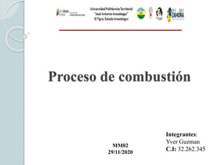 Proceso de combustión
Integrantes:
Yver Guzman
C.I: 32.262.345
MM02
29/11/2020
 