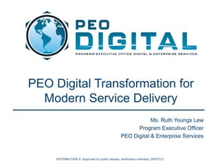 PEO Digital Transformation for
Modern Service Delivery
Ms. Ruth Youngs Lew
Program Executive Officer
PEO Digital & Enterprise Services
DISTRIBUTION A. Approved for public release: distribution unlimited. 25OCT21
 