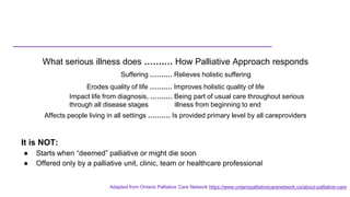 What serious illness does …….… How Palliative Approach responds
Suffering …….… Relieves holistic suffering
Erodes quality of life …….… Improves holistic quality of life
Impact life from diagnosis, …….… Being part of usual care throughout serious
through all disease stages illness from beginning to end
Affects people living in all settings …….… Is provided primary level by all careproviders
Adapted from Ontario Palliative Care Network https://www.ontariopalliativecarenetwork.ca/about-palliative-care
It is NOT:
● Starts when “deemed” palliative or might die soon
● Offered only by a palliative unit, clinic, team or healthcare professional
 