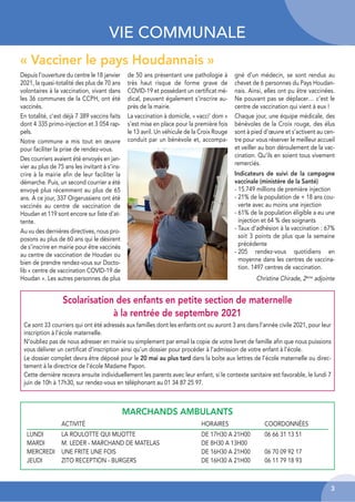 3
VIE COMMUNALE
Depuis l’ouverture du centre le 18 janvier
2021, la quasi-totalité des plus de 70 ans
volontaires à la vaccination, vivant dans
les 36 communes de la CCPH, ont été
vaccinés.
En totalité, c’est déjà 7 389 vaccins faits
dont 4 335 primo-injection et 3 054 rap-
pels.
Notre commune a mis tout en œuvre
pour faciliter la prise de rendez-vous.
Des courriers avaient été envoyés en jan-
vier au plus de 75 ans les invitant à s’ins-
crire à la mairie afin de leur faciliter la
démarche. Puis, un second courrier a été
envoyé plus récemment au plus de 65
ans. A ce jour, 337 Orgerussiens ont été
vaccinés au centre de vaccination de
Houdan et 119 sont encore sur liste d’at-
tente.
Au vu des dernières directives, nous pro-
posons au plus de 60 ans qui le désirent
de s’inscrire en mairie pour être vaccinés
au centre de vaccination de Houdan ou
bien de prendre rendez-vous sur Docto-
lib « centre de vaccination COVID-19 de
Houdan ». Les autres personnes de plus
de 50 ans présentant une pathologie à
très haut risque de forme grave de
COVID-19 et possédant un certificat mé-
dical, peuvent également s’inscrire au-
près de la mairie.
La vaccination à domicile, « vacci’ dom »
s’est mise en place pour la première fois
le 13 avril. Un véhicule de la Croix Rouge
conduit par un bénévole et, accompa-
gné d’un médecin, se sont rendus au
chevet de 6 personnes du Pays Houdan-
nais. Ainsi, elles ont pu être vaccinées.
Ne pouvant pas se déplacer… c’est le
centre de vaccination qui vient à eux !
Chaque jour, une équipe médicale, des
bénévoles de la Croix rouge, des élus
sont à pied d’œuvre et s’activent au cen-
tre pour vous réserver le meilleur accueil
et veiller au bon déroulement de la vac-
cination. Qu’ils en soient tous vivement
remerciés.
Indicateurs de suivi de la campagne
vaccinale (ministère de la Santé)
- 15.749 millions de première injection
- 21% de la population de + 18 ans cou-
verte avec au moins une injection
- 61% de la population éligible a eu une
injection et 64 % des soignants
- Taux d’adhésion à la vaccination : 67%
soit 3 points de plus que la semaine
précédente
- 205 rendez-vous quotidiens en
moyenne dans les centres de vaccina-
tion. 1497 centres de vaccination.
Christine Chirade, 2ème
adjointe
MARCHANDS AMBULANTS
ACTIVITÉ HORAIRES COORDONNÉES
LUNDI LA ROULOTTE QUI MIJOTTE DE 17H30 A 21H00 06 66 31 13 51
MARDI M. LEDER - MARCHAND DE MATELAS DE 8H30 A 13H00
MERCREDI UNE FRITE UNE FOIS DE 16H30 A 21H00 06 70 09 92 17
JEUDI ZITO RECEPTION - BURGERS DE 16H30 A 21H00 06 11 79 18 93
« Vacciner le pays Houdannais »
Scolarisation des enfants en petite section de maternelle
à la rentrée de septembre 2021
Ce sont 33 courriers qui ont été adressés aux familles dont les enfants ont ou auront 3 ans dans l’année civile 2021, pour leur
inscription à l’école maternelle.
N’oubliez pas de nous adresser en mairie ou simplement par email la copie de votre livret de famille afin que nous puissions
vous délivrer un certificat d’inscription ainsi qu’un dossier pour procéder à l’admission de votre enfant à l’école.
Le dossier complet devra être déposé pour le 20 mai au plus tard dans la boîte aux lettres de l’école maternelle ou direc-
tement à la directrice de l’école Madame Papon.
Cette dernière recevra ensuite individuellement les parents avec leur enfant, si le contexte sanitaire est favorable, le lundi 7
juin de 10h à 17h30, sur rendez-vous en téléphonant au 01 34 87 25 97.
 