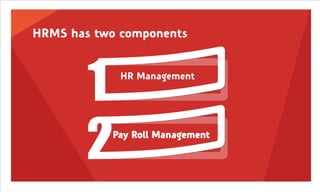 HRMS has two components


             HR Management




           Pay Roll Management
 