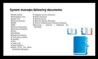 System manages following documents
„Trade License             „ Software License Contracts
„Immigration Card          „ Rental Contracts
„Labor card                „ Driving License
„Tenancy Contract          „ Web site Domain Renewals
„MOA                       „ Service & Maintenance Contracts Renewal
„AOA                       „Electricity ‟ Internet ‟ Telephone etc.
„Partners Document          Reminder
„Commercial Register
„Share
„Certificate
„Property Insurance
„ Third party Liability
„ Passport
„ Visa
„ Labor card
„ Emp Contract
„Police CCTV, Fire Alarm
 Certificates Renewals
 
