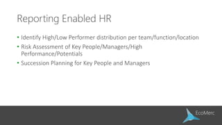 Reporting Enabled HR
• Identify High/Low Performer distribution per team/function/location
• Risk Assessment of Key People/Managers/High
Performance/Potentials
• Succession Planning for Key People and Managers
 