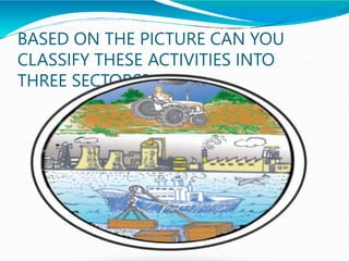 BASED ON THE PICTURE CAN YOU
CLASSIFY THESE ACTIVITIES INTO
THREE SECTORS?
 