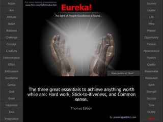 The three great essentials to achieve anything worth while are: Hard work, Stick-to-itiveness, and Common sense. Thomas Edison Work More quotes on ‘Work’ … 