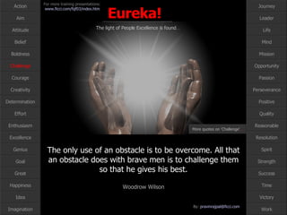 The only use of an obstacle is to be overcome. All that an obstacle does with brave men is to challenge them so that he gives his best. Woodrow Wilson Challenge More quotes on ‘Challenge’ … 