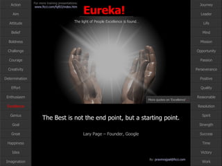 The Best is not the end point, but a starting point. Lary Page – Founder, Google Excellence More quotes on ‘Excellence’ … 
