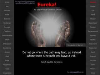 Do not go where the path may lead, go instead where there is no path and leave a trail. Ralph Waldo Emerson Journey More quotes on ‘Journey’ … 