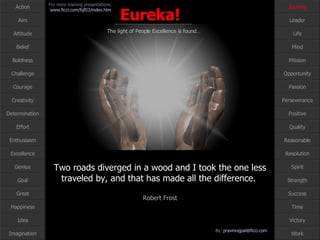 Two roads diverged in a wood and I took the one less traveled by, and that has made all the difference.  Robert Frost Journey 
