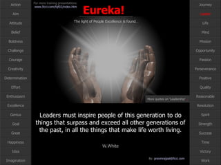 Leaders must inspire people of this generation to do things that surpass and exceed all other generations of the past, in all the things that make life worth living. W.White Leader More quotes on ‘Leadership’ … 